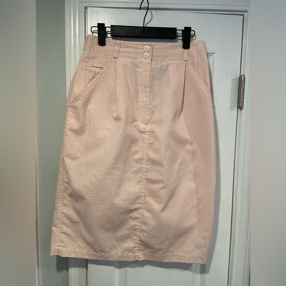 VTG Karen Scott Size 10 Pink White Stripe Seersucker Pencil Midi Skirt